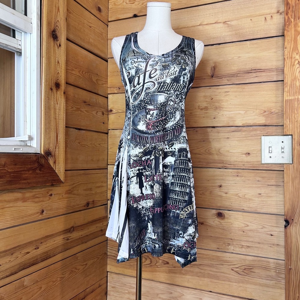 Newspaper Graphic Print Dress Medium Black White Asymmetrical Temptation Italy